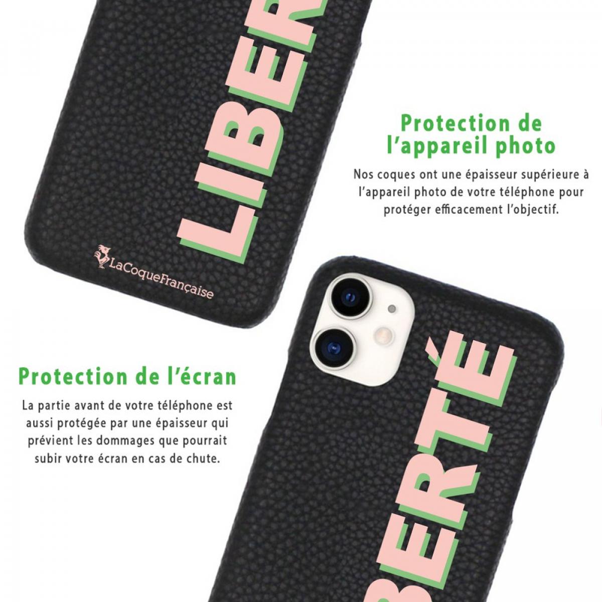 Coque iPhone 11 effet cuir grainé noir Liberté rose et vert Design La Coque Francaise