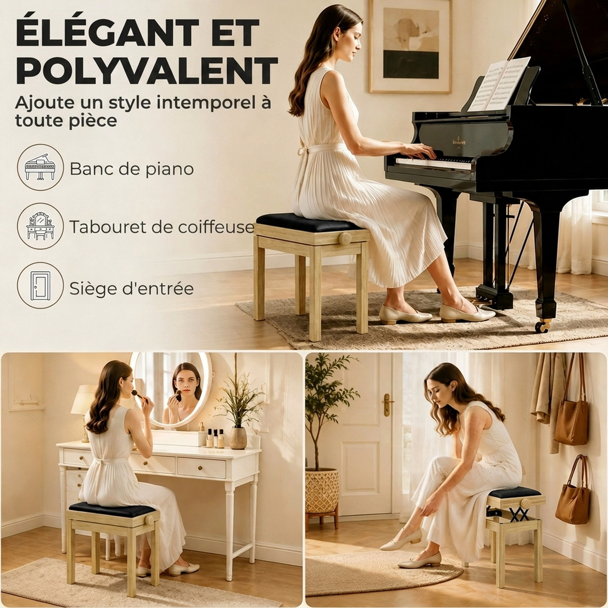 Banc de Piano, Tabouret Réglable en Hauteur 45-56 cm, assise Rembourrée en Velours, Bois Naturel