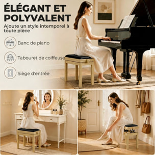 Banc de Piano, Tabouret Réglable en Hauteur 45-56 cm, assise Rembourrée en Velours, Bois Naturel
