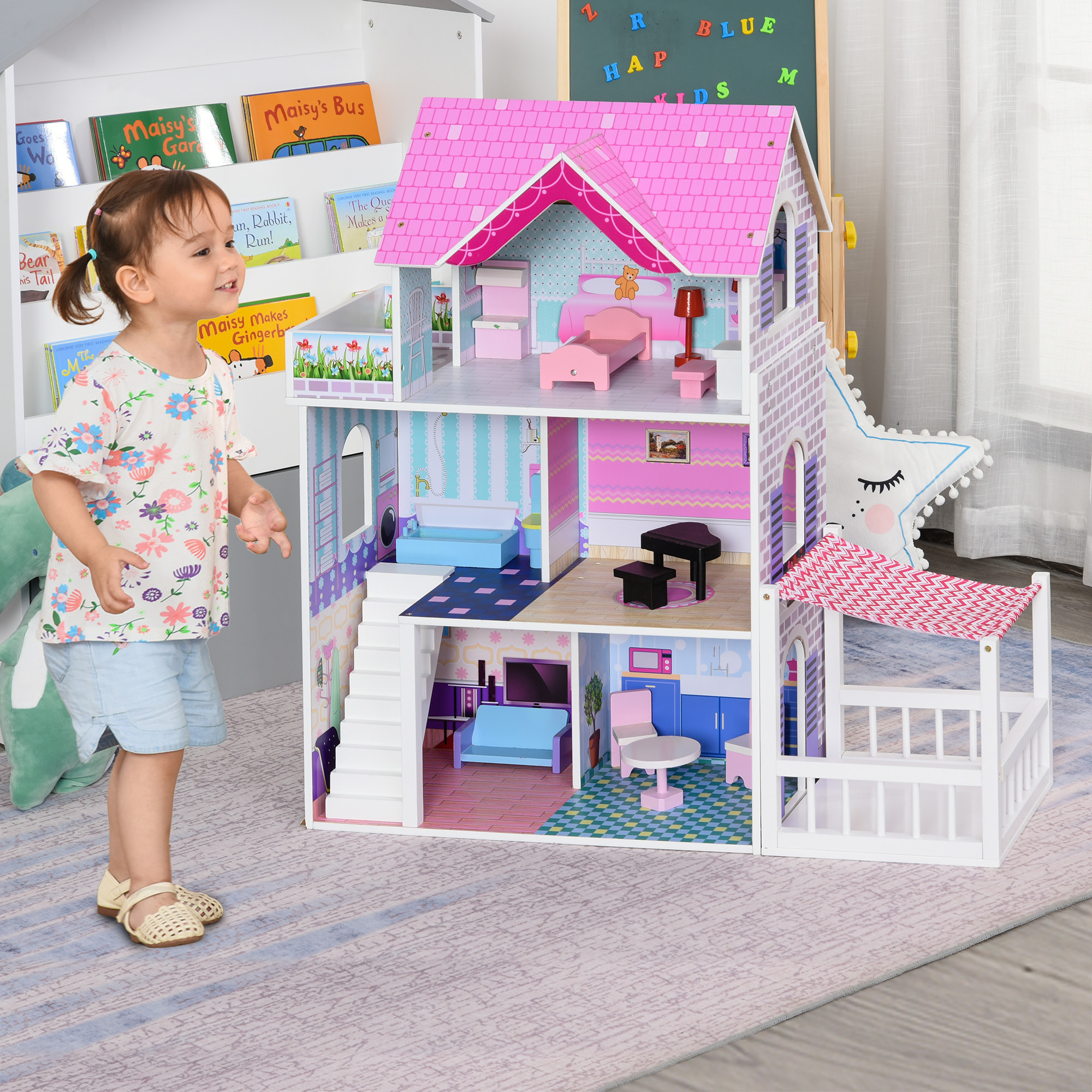 HOMCOM Casa delle Bambole in Legno per Bambini 3+ Anni con 12 Accessori, Tre Piani, Cortile e Arredamento, Rosa