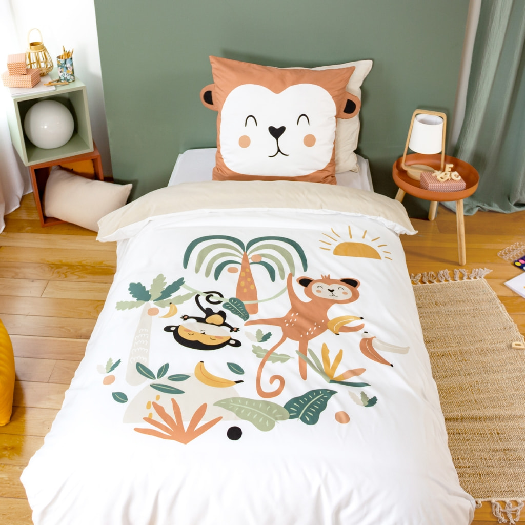 Parure de lit microfibre réversible imprimé singe 1 place 140x200cm - Arthur