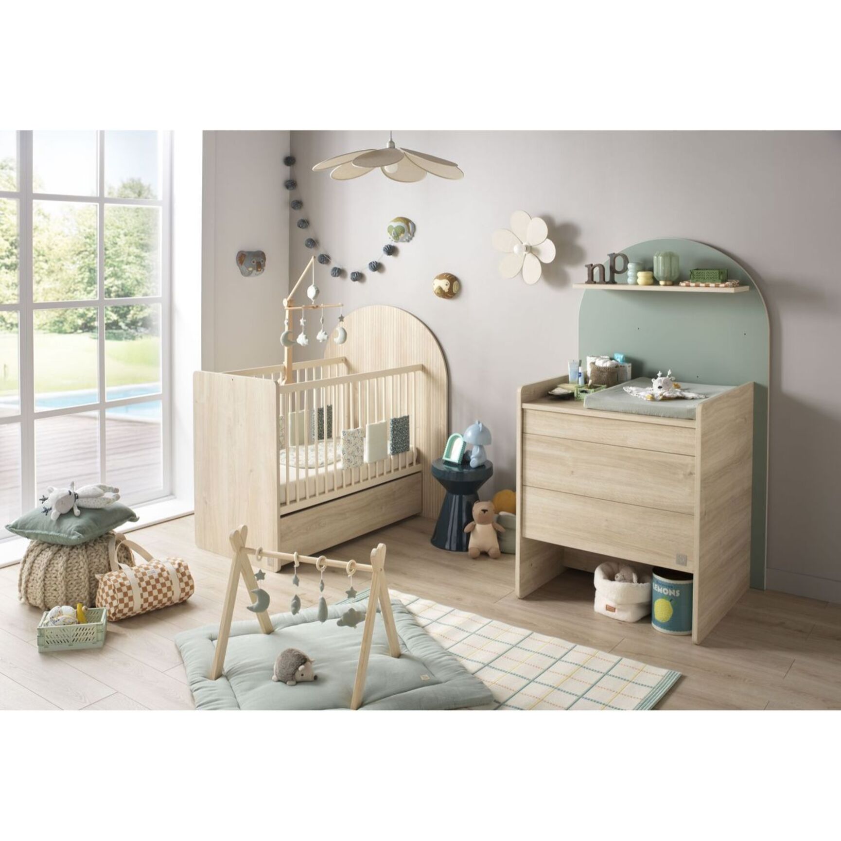 Commode à langer évolutive en bureau - décor bois chêne sépia forme arche