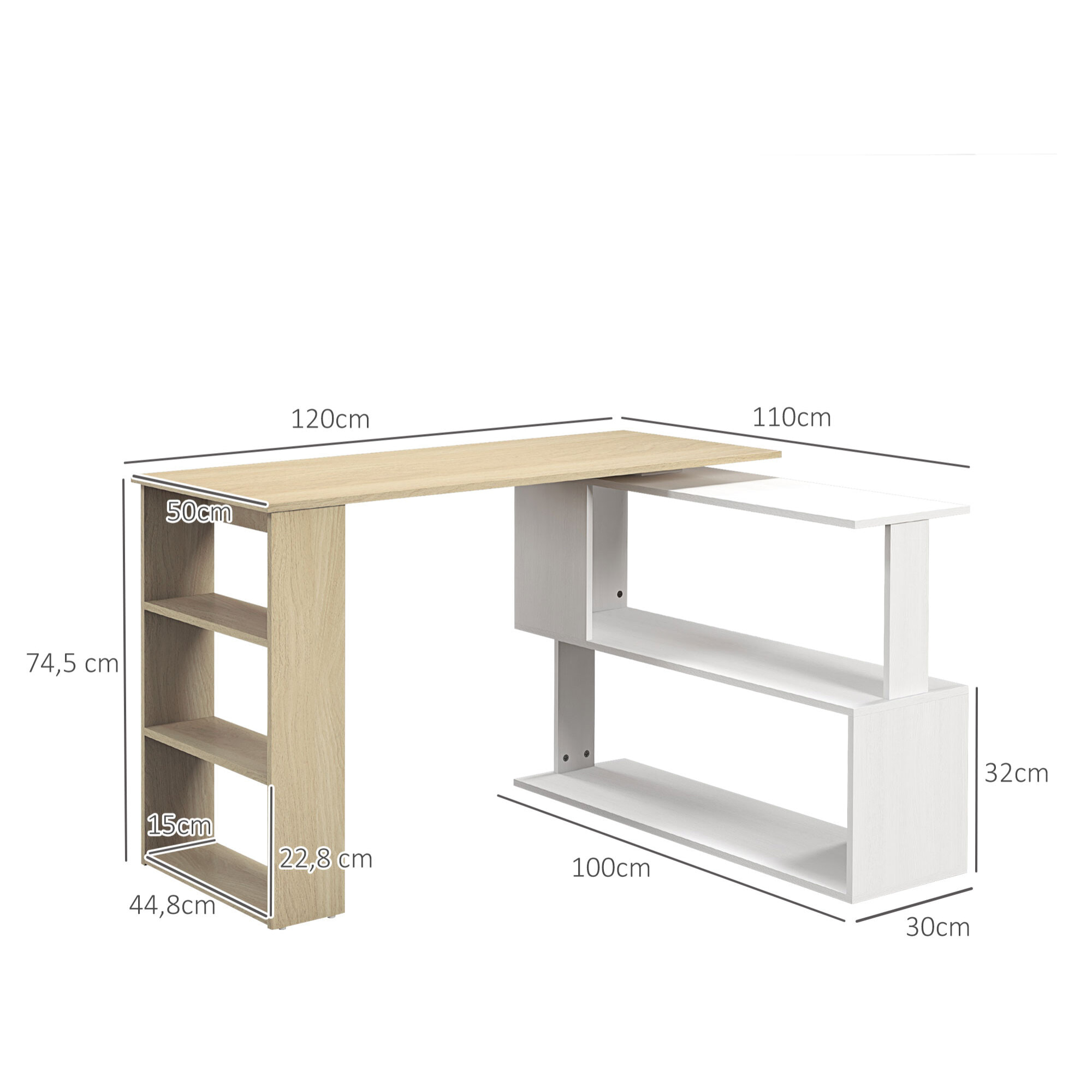 Escritorio Esquinero Giratorio Escritorio en L con Estantería Mesa de Escritorio con Estantes para Oficina Estudio 120x110x74,5 cm Natural y Blanco