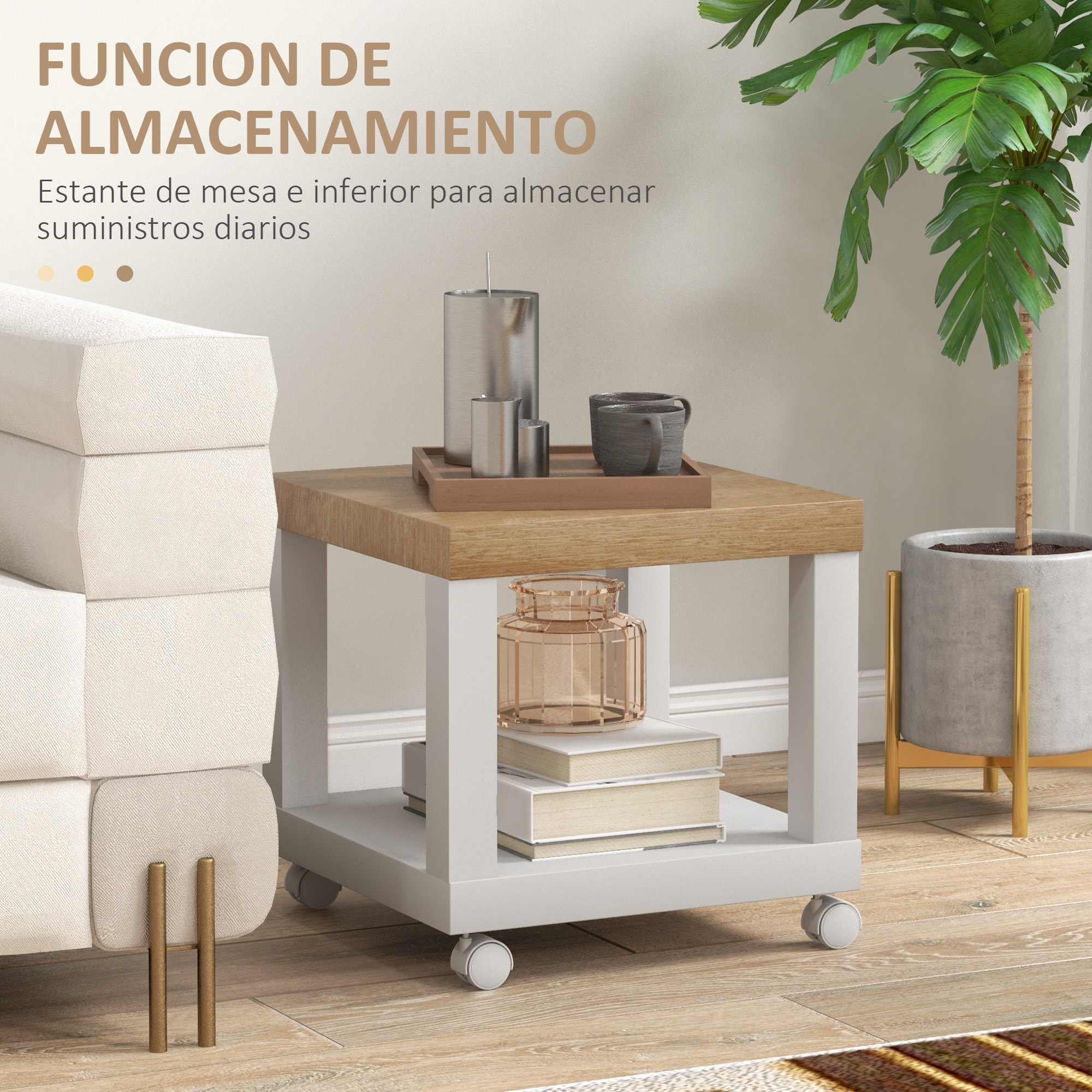 Mesita Auxiliar con Ruedas Mesa Auxiliar con Estante Abierto Mesa para Sofá Sala Dormitorio 40x40x40 cm Natural y Blanco