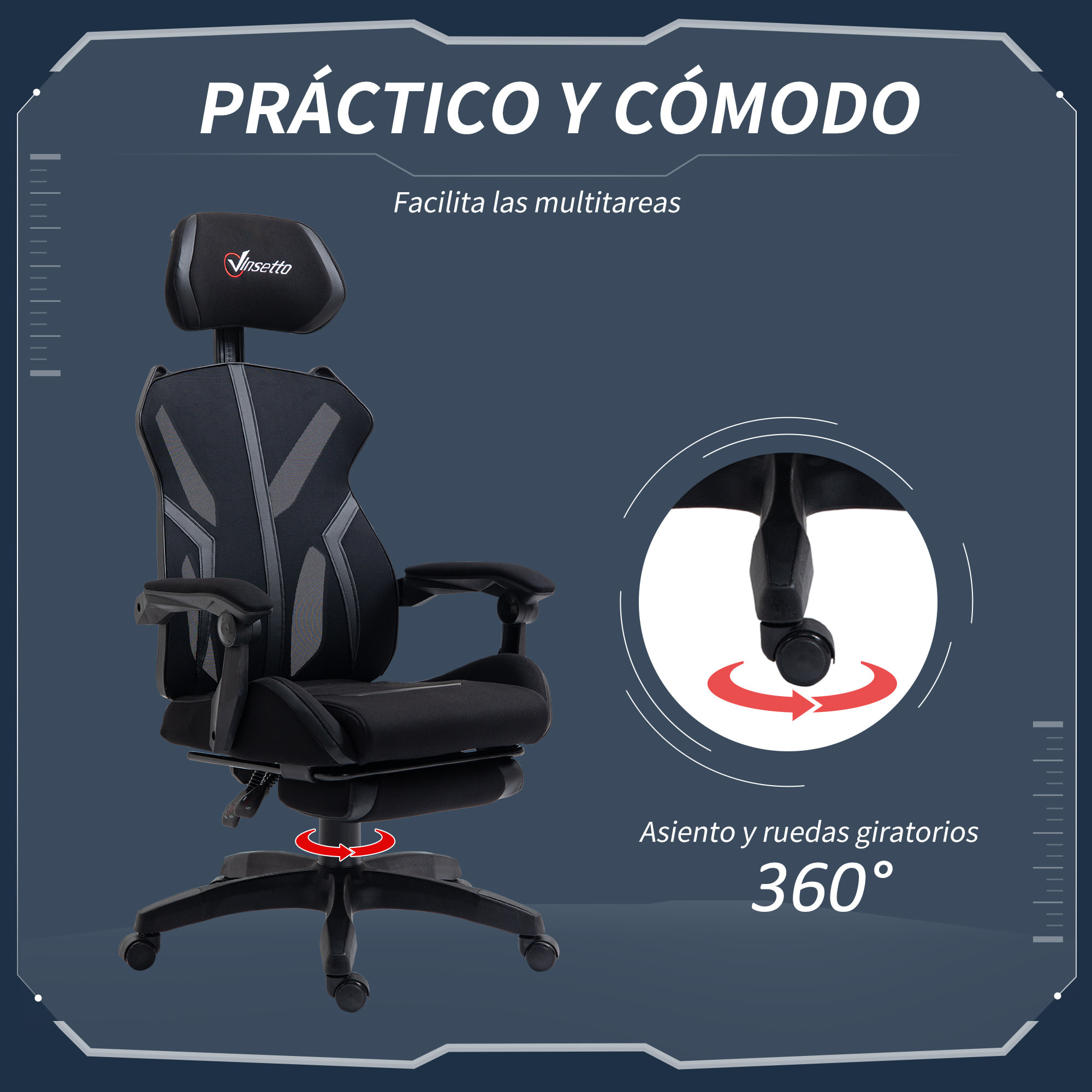 Vinsetto Silla Gaming con Reposapiés Retráctil Silla de Oficina Giratoria Reclinable con Reposacabezas y Altura Ajustable 65x65x119-129 cm Negro