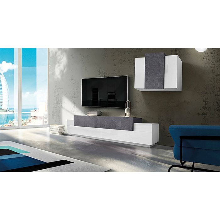 Parete attrezzata da soggiorno modulare, Made in Italy, Base porta TV e pensile sospeso, cm 280x45h180, colore Bianco lucido e Grigio Cenere