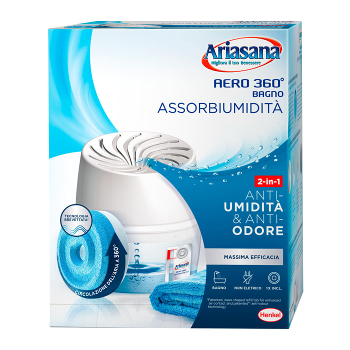 Ariasana Aero 360° Bagno Assorbiumidità e Anti Odore Non Elettrico - Dispositvo + 1 Tab di Ricarica