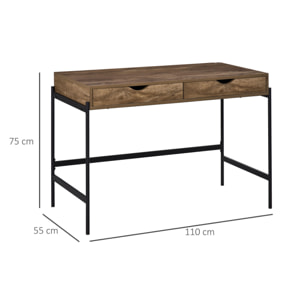 Bureau style industriel dim. 110L x 55l x 75H cm cm tiroir + 2 tiroirs piètement métal noir plateau MDF aspect bois