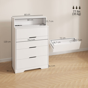 Cómoda de 4 Cajones con Estación de Carga, Cajonera para Dormitorio con Puerto USB, Puerto USB-C, Estante Abierto, 80x40x120 cm, Blanco