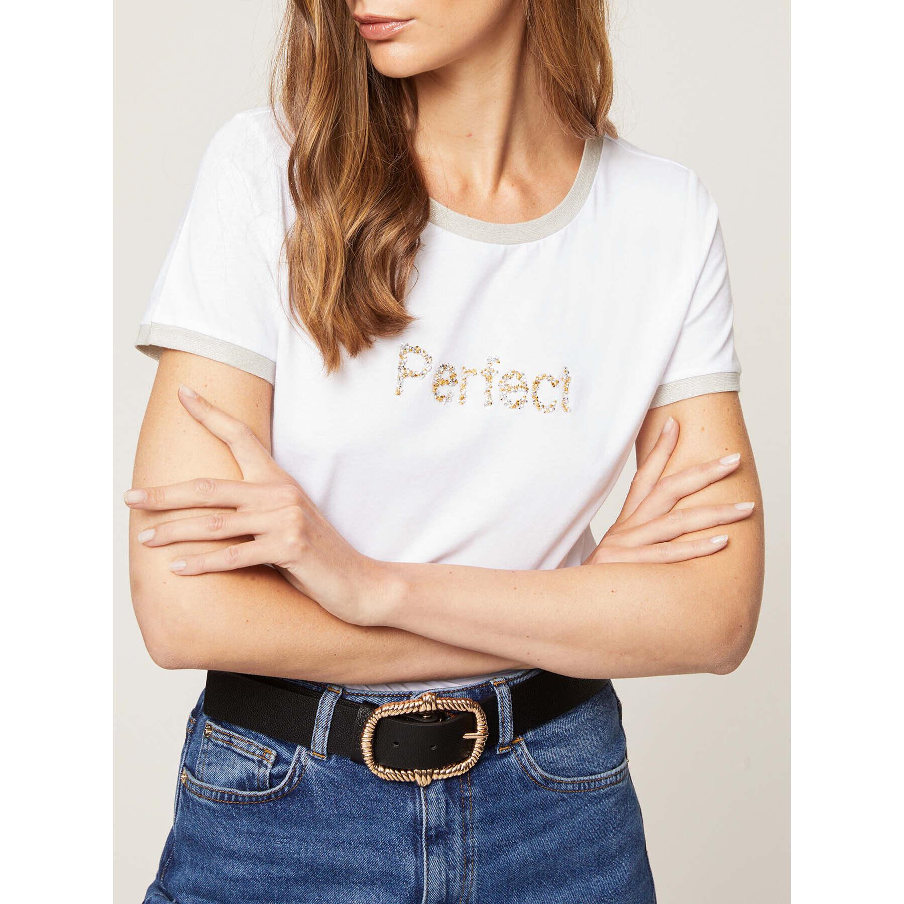 Motivi - Camiseta bordes de lúrex con texto - Blanco