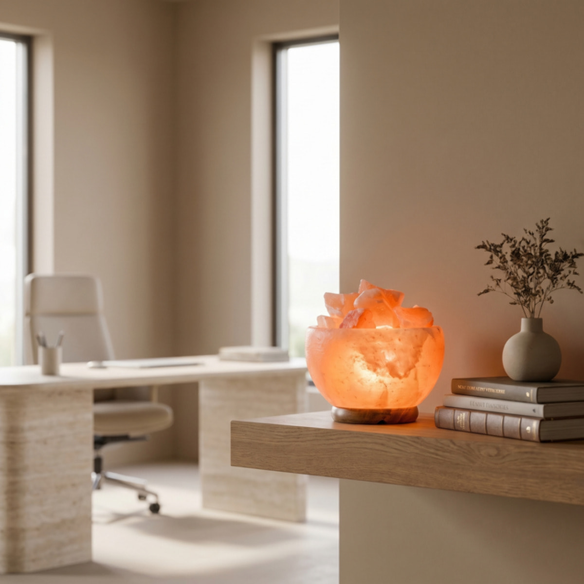 Lampada di sale himalayano Fire Bowl con cristalli naturali 12x14 cm, luce calda rilassante con base in legno, lampada decorativa sale rosa con interruttore, ideale per casa benessere yoga e idea regalo