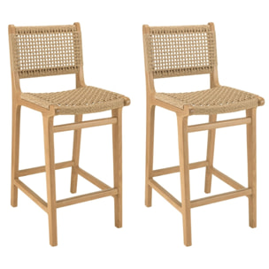 VALERIA - Lot de 2 tabourets bar de jardin en bois de teck rotin beige