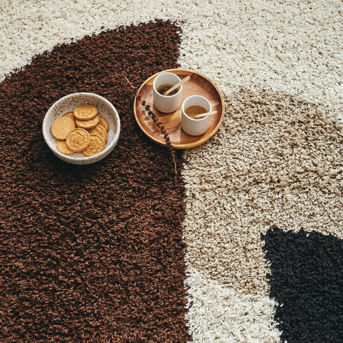 PALERME - Tapis shaggy à poils long à motif géométrique - Marron, Beige, Café et Crème