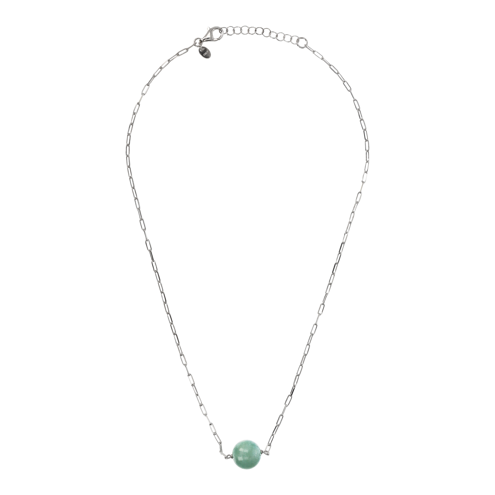 Collana Catena Forzatina con Pendente Sferico in Pietra Naturale Quarzite Verde in Argento 925 placcato Rodio