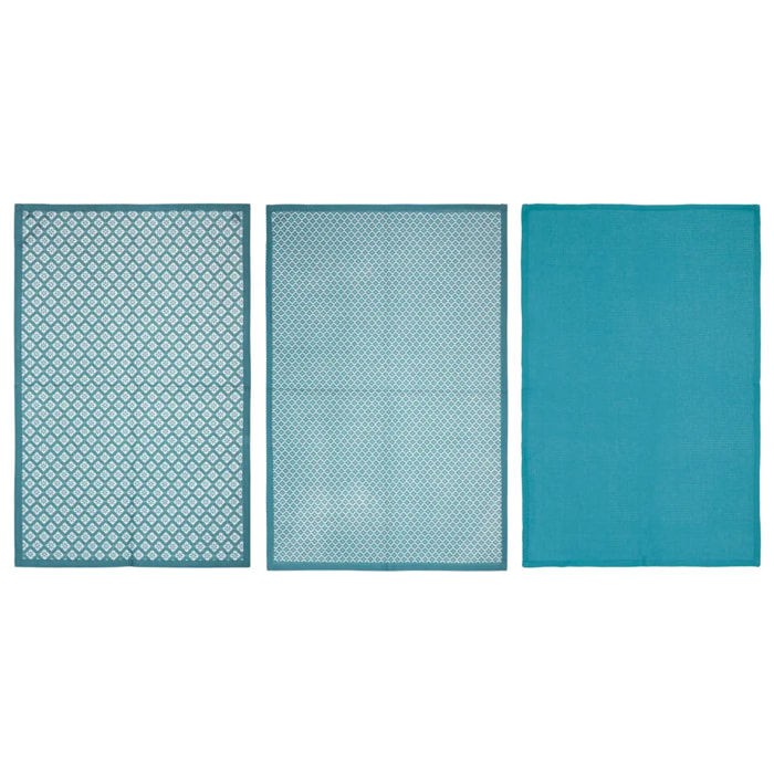 Lot de 3 torchons "Tikal" en coton bleu canard 45x70cm