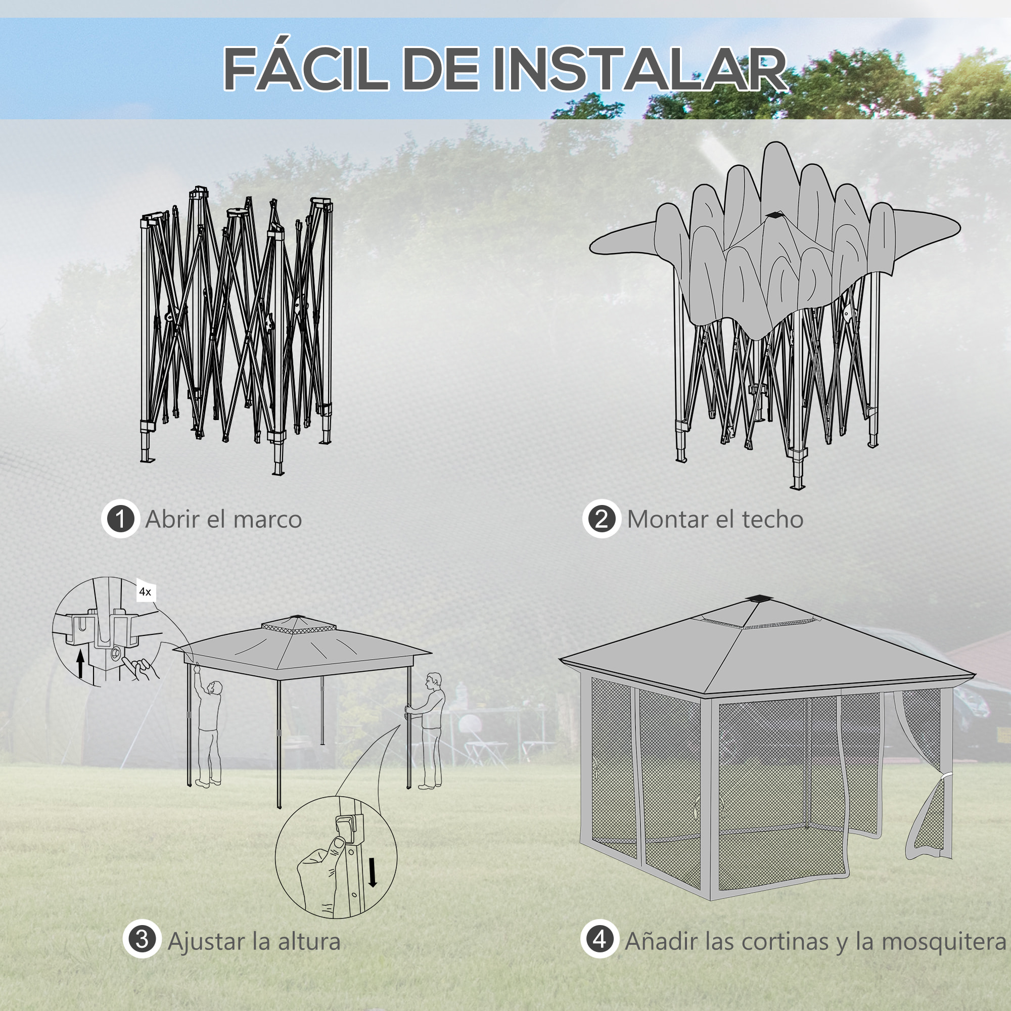 Carpa Plegable 3x3 m Cenador de Jardín con Doble Techo 4 Mosquiteras 20 Luces LED Solares Altura Ajustable Mando a Distancia y Bolsa de Transporte para Jardín Patio Fiestas Gris