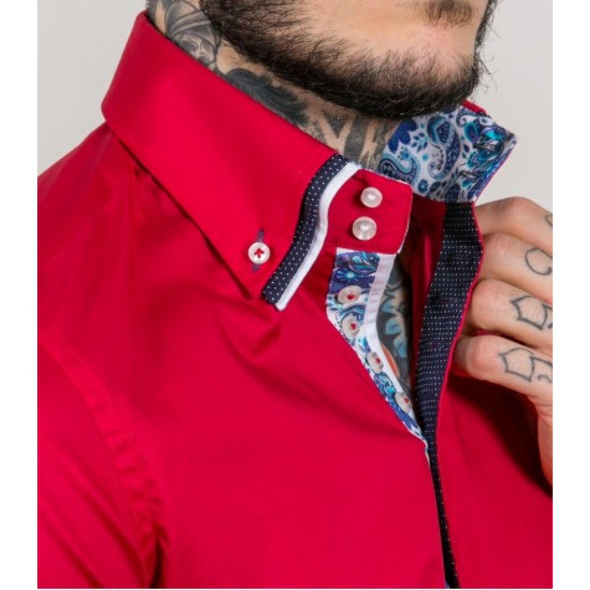 Camicia Uomo 2 Bottoni Button Down Triplo Collo Slim Popeline Stretch Unito Rosso
