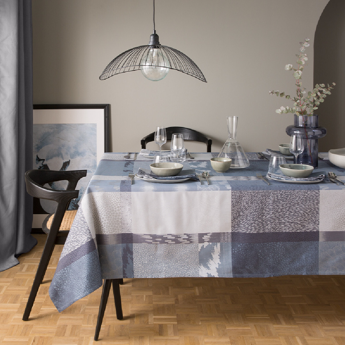 Nappe pur coton motif jacquard bleu gris Mille matieres orage