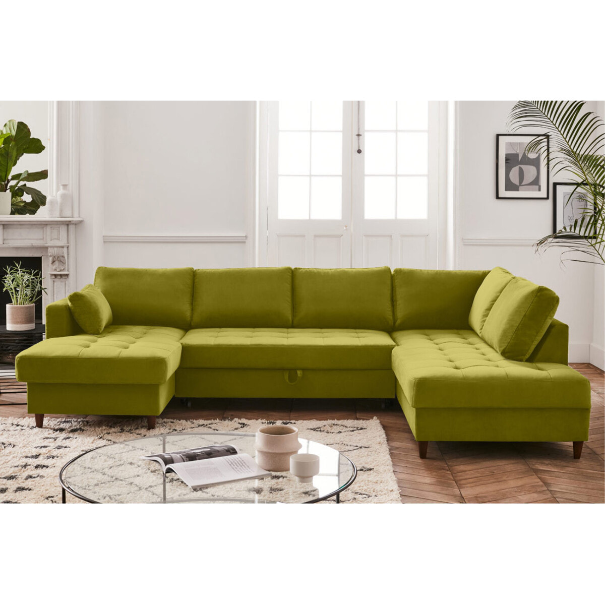 Anna - canapé panoramique d'angle droit - 7 places - convertible avec coffre - en velours - Vert Olive