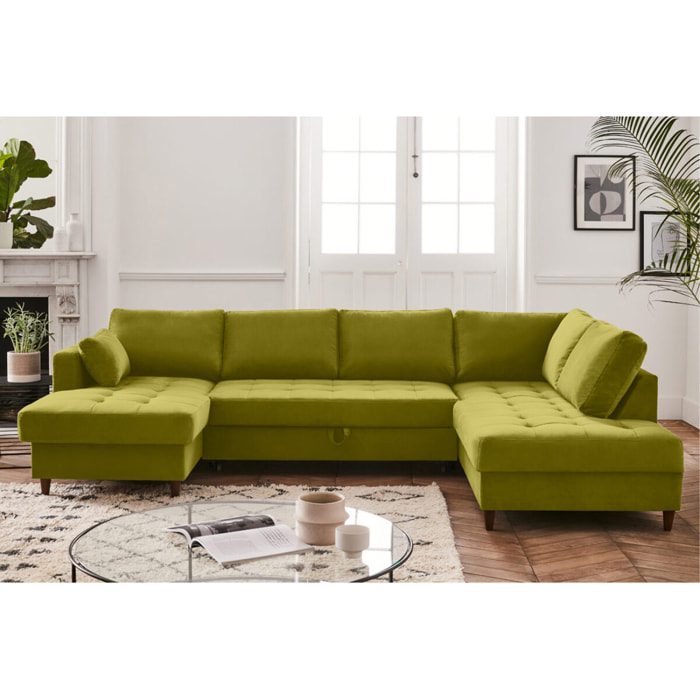Anna - canapé panoramique d'angle droit - 7 places - convertible avec coffre - en velours - Vert Olive