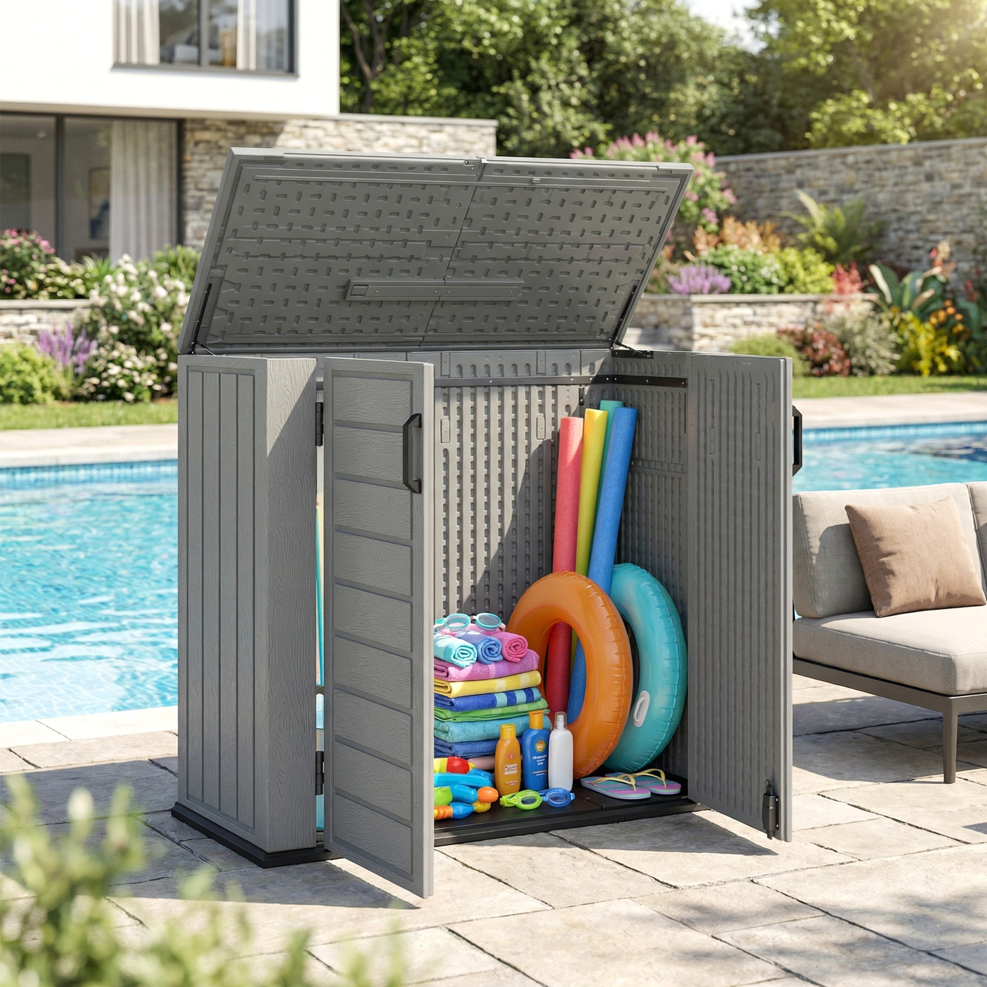 Armario de Exterior de HDPE, 940L, Caseta de Jardín Exterior con Tapa Abatible, 2 Puertas, Cerradura, Cobertizo de Jardín para Almacenaje Herramientas, 142x67x119 cm, Gris Claro