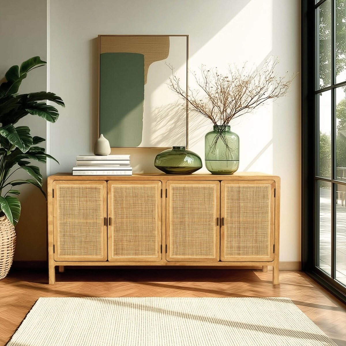 AMY - Buffet 4 portes 170cm en bois de mindi et rotin naturel