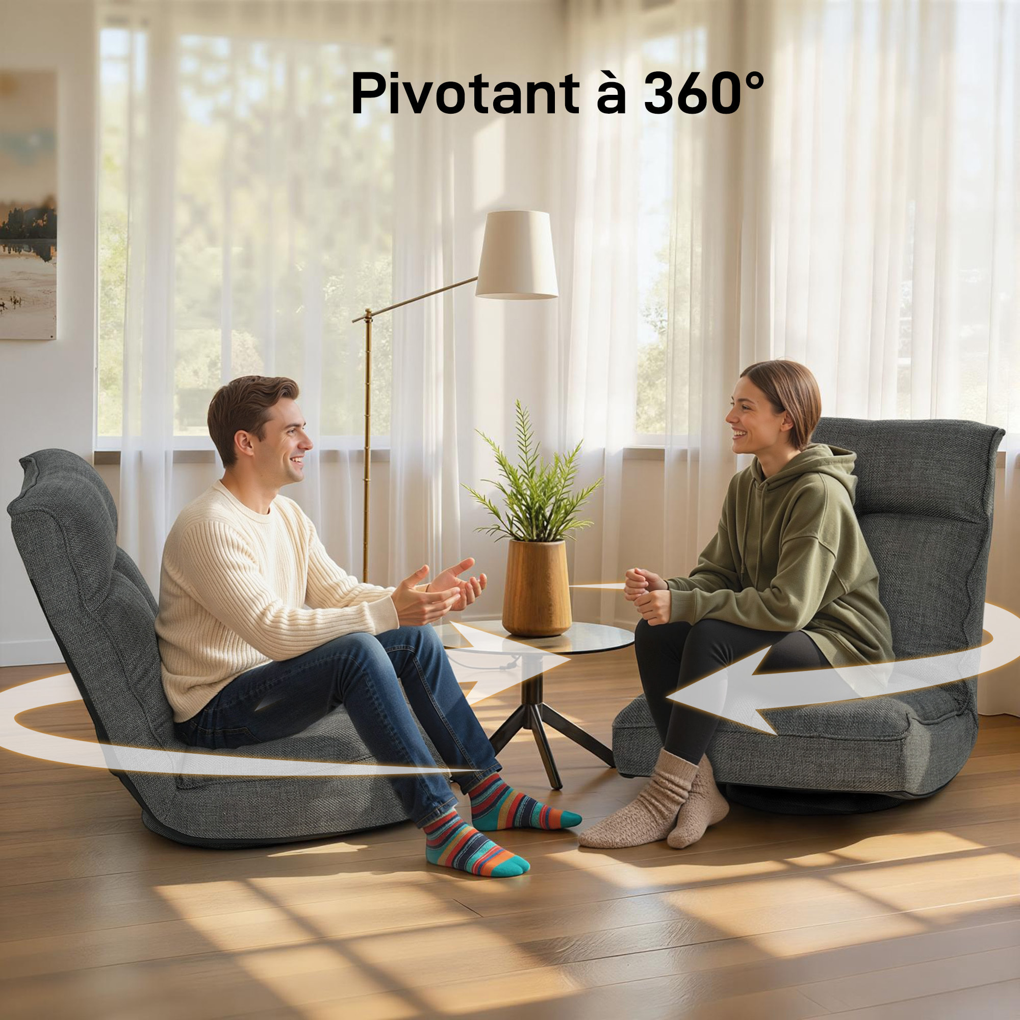 Fauteuil de sol pliable pivotant à 360° dossier réglable lin gris