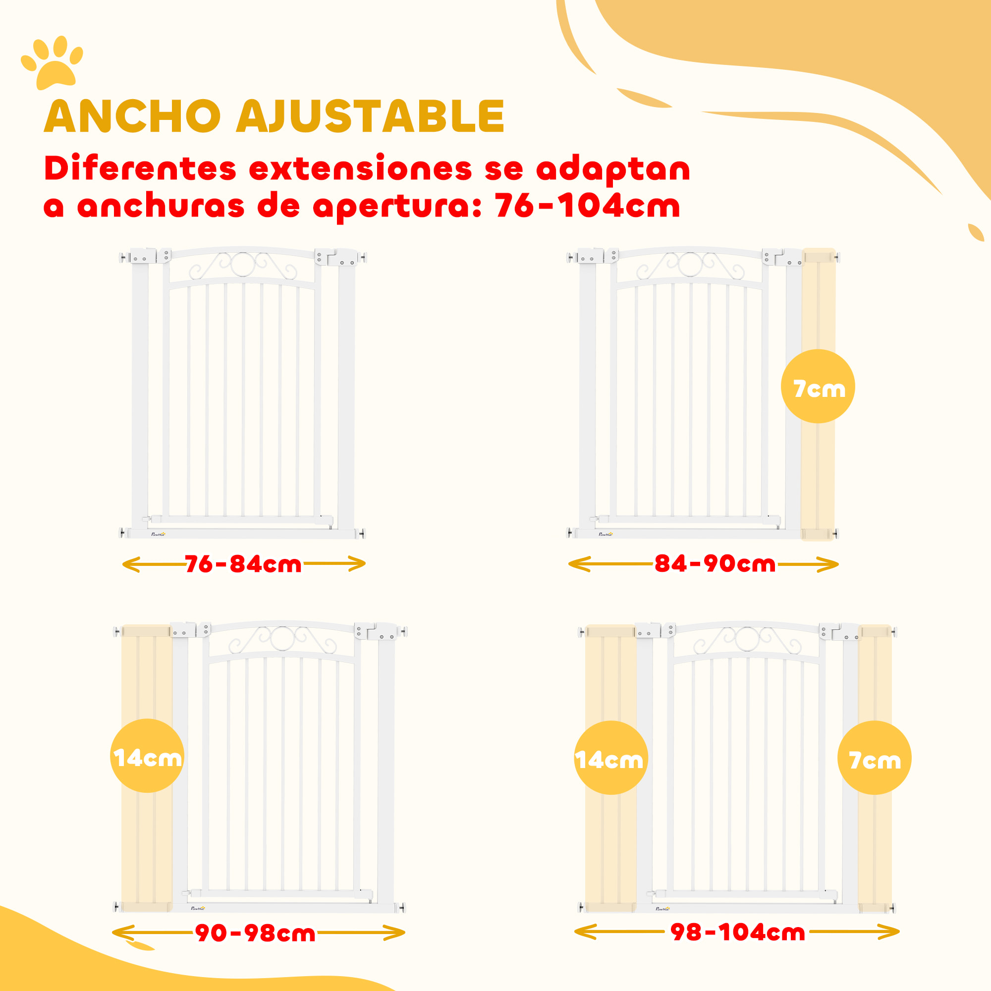 Barrera para Perros Puerta para Perros con Ancho Ajustable 76-104 cm Barrera de Seguridad para Perros con 2 Extensiones y Doble Bloqueo para Escaleras y Puertas Blanco