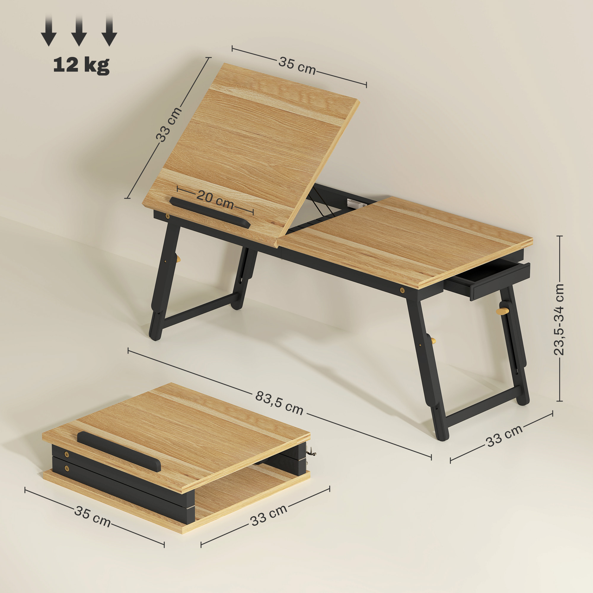 Mesa Reclinable para Cama y Sofá, Bandeja Plegable con Cajón Lateral, para Ordenador Portátil y Libros, con Cinco Alturas, Patas Ajustables, Mesita Auxiliar de Bambú y MDF, 83,5x33x34 cm, Roble