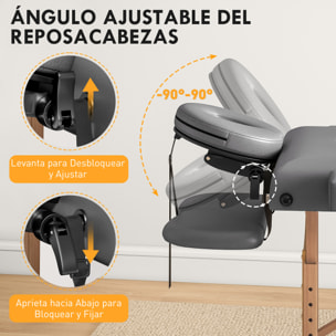 Camilla Masaje Plegable Portátil Camilla Estética Profesional de Madera de 3 Zonas con Altura, Respaldo, Soporte para Piernas, Reposacabezas Ajustables Brazos Acolchados 215x60x64-89 cm Gris