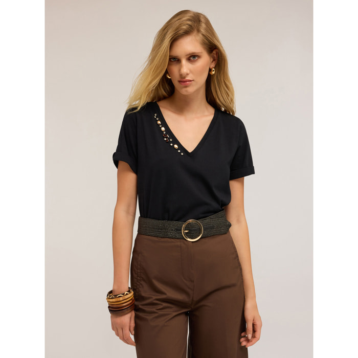 Motivi - T-shirt con ricamo di pietre - Blu