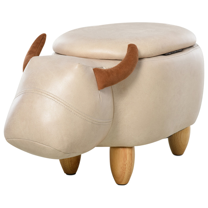 Tabouret vache - pouf vachette - pouf taureau coffre de rangement 2 en 1 - pieds bois d'hévéa revêtement synthétique crème