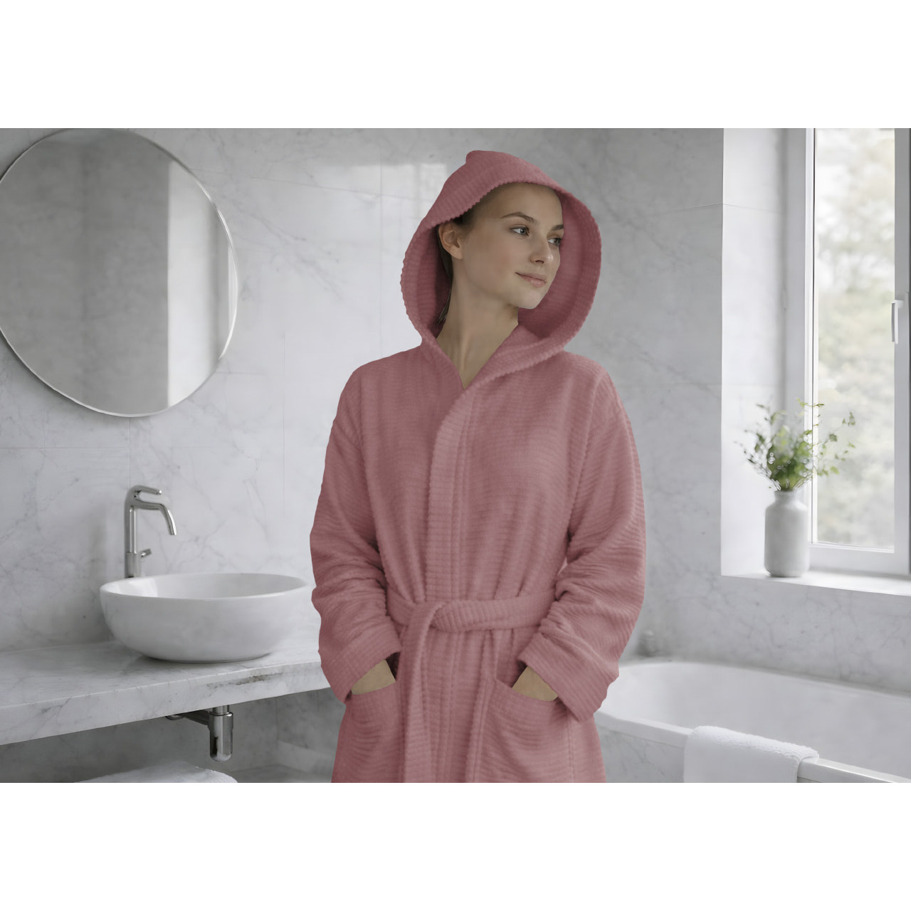 Accappatoio Con Cappuccio In Morbida Spugna Assorbente Boutique Tinta Unita Rosa