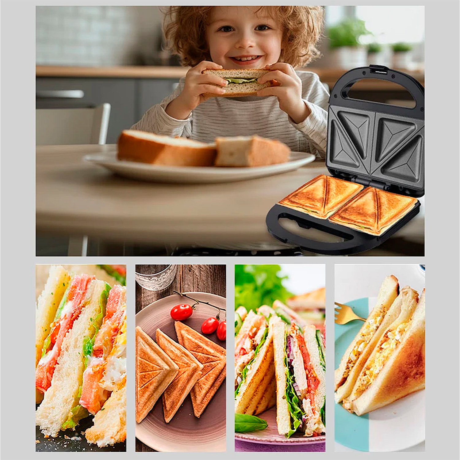 Sandwichera antiadherente con 750W de potencia y luz indicadora. Placas triangulares especiales sandwich.