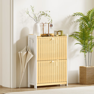 Zapatero Estrecho con 2 Puertas de Bambú con Listones Zapatero Entrada Recibidor con Estantes Ajustables para 12 Pares de Zapatos 60x24x82,5 cm Blanco y Natural