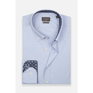 camicia uomo 1 bottone button down slim Popeline Stretch Unito Celeste