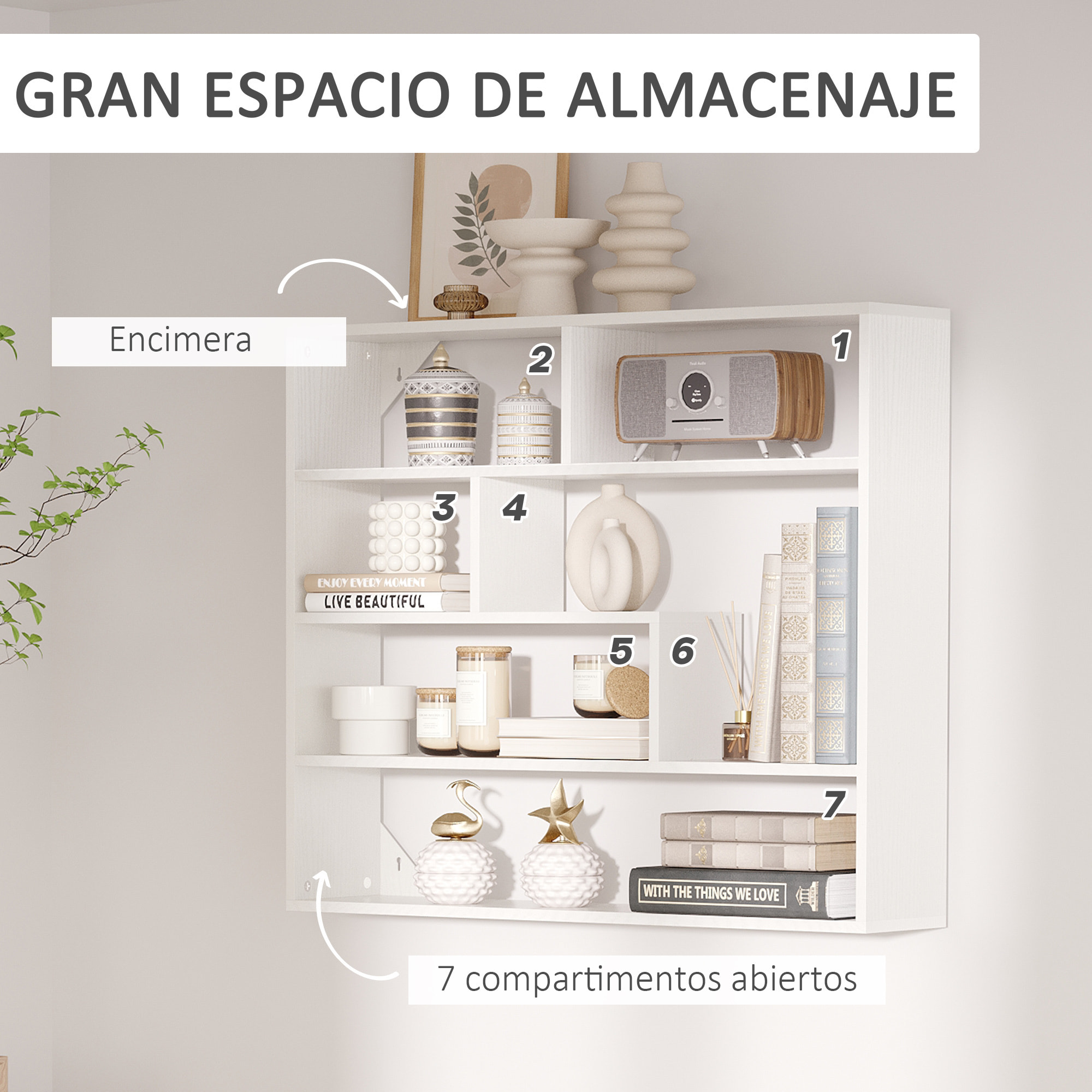 HOMCOM Estantería de Pared de 4 Niveles Balda Flotante con 7 Compartimientos Abiertos para Salón Dormitorio Oficina Estilo Moderno 94x19,5x80 cm Blanco