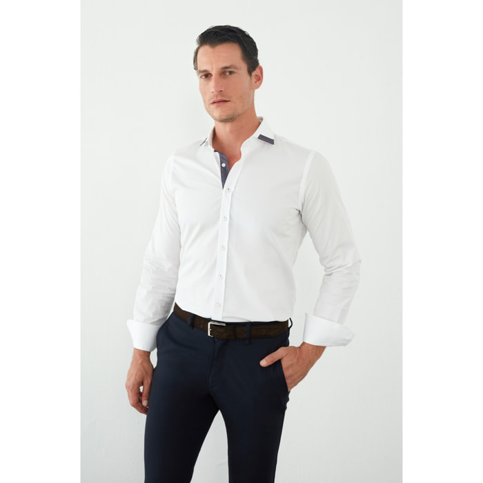 Camicia Uomo 1 Bottone Francese Contrasto sul Collo Popeline Stretch Unito Bianco