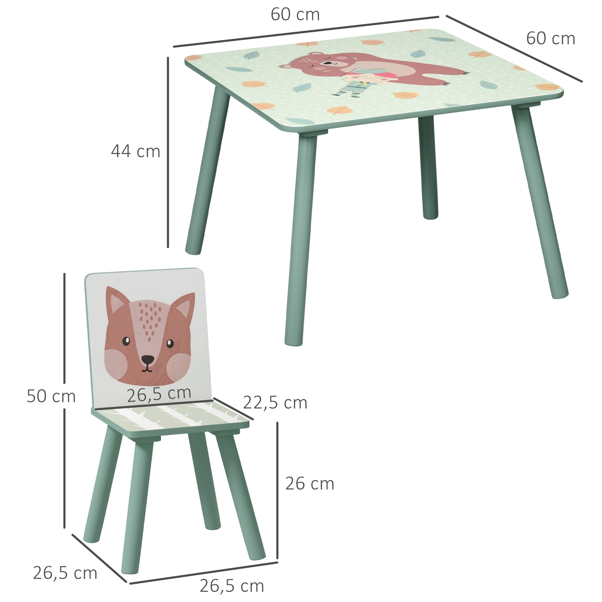 Ensemble table et chaises enfant design animaux de la forêt - table carrée + 2 chaises - bois pin MDF vert