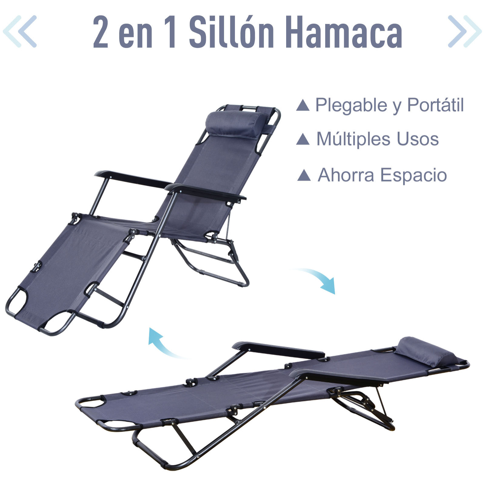 Tumbona Inclinable Acero Plegable con Almohada Playa Camping Piscina Hamaca 178x60x29cm Gris