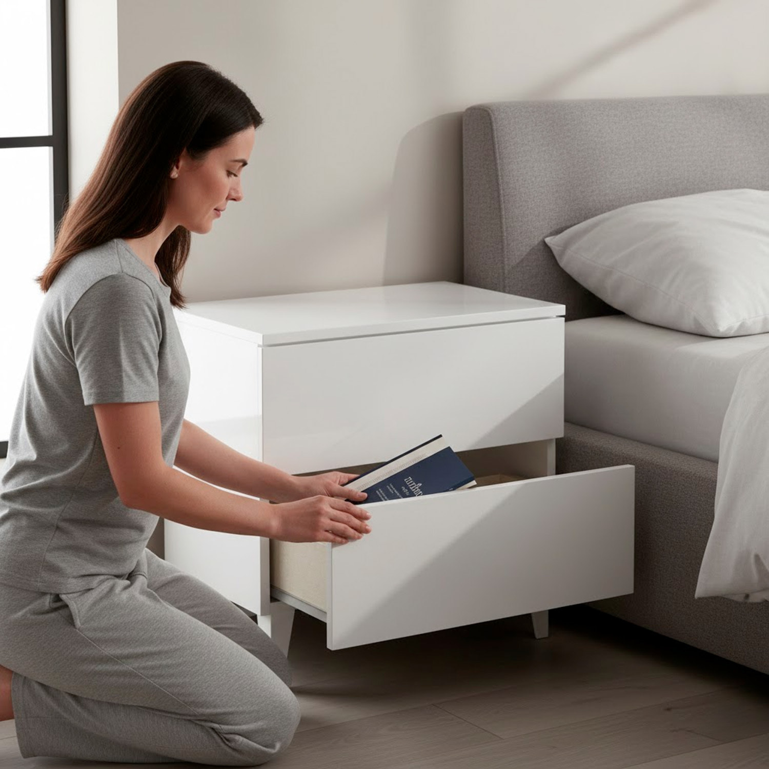 Comodino Con 2 Cassetti Cassettiera Settimino Mobile Da Camera Da Letto Moderno Mobiletto Con Piedini Montaggio Facile 50 x 34 x 39 Cm Bianco Lucido