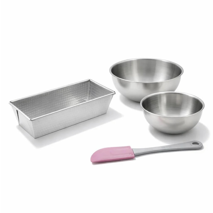 Set comprenant 1 Moule à cake en acier étamé, 1 spatule Zenker et 2 bols à mixer en inox Fackelmann
