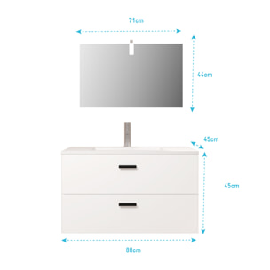 Meuble salle de bains 80 cm 2 Tiroirs Blanc avec Vasque blanche, miroir et applique Led - BOX LED