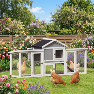 Poulailler chalet multi-équipé rampes nichoirs pondoirs plateau excrément fenêtre portes bois gris blanc
