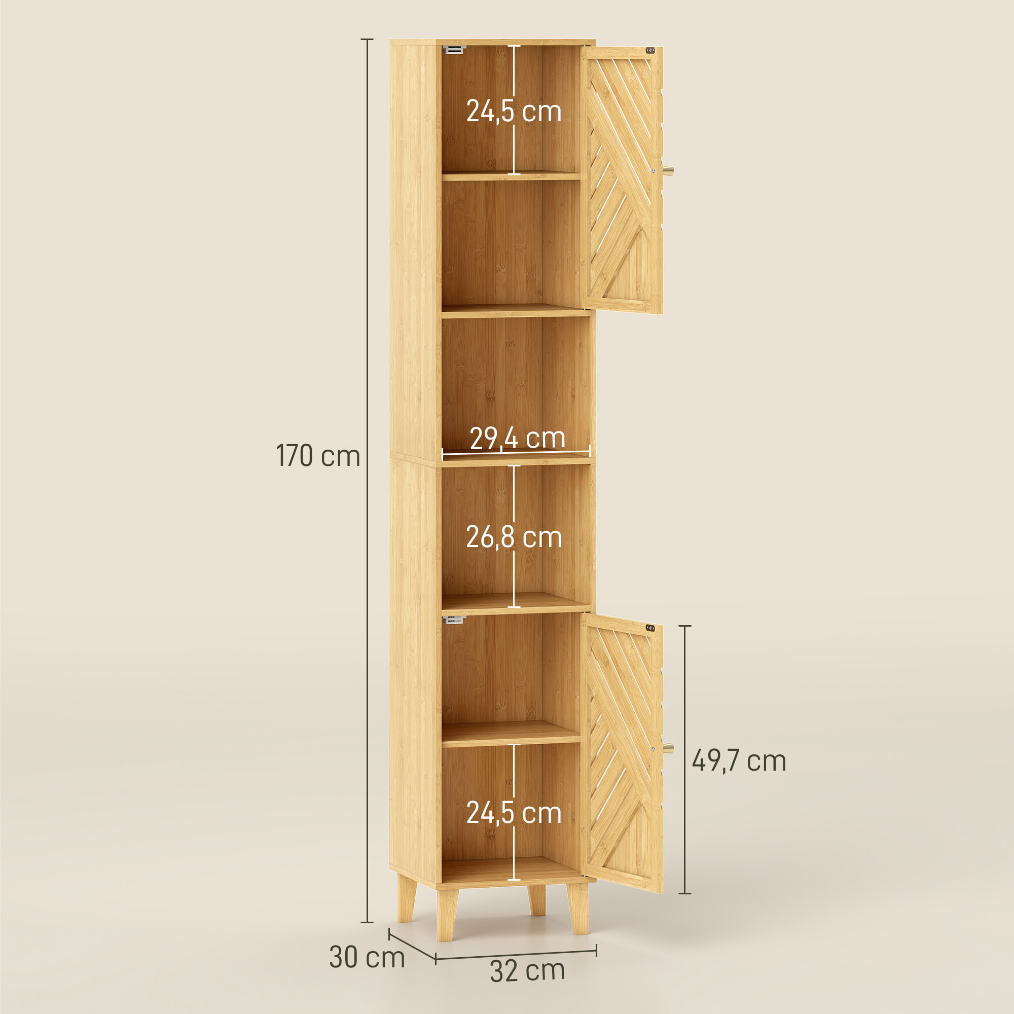 Armario de Baño Alto Columna de Baño Estrecha 32x30x170 cm con Puertas y Patas de Bambú Estantes Ajustables Compartimento Abierto Natural