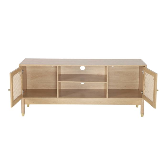 Meuble TV décor bois et cannage 2 portes teinte naturelle 140 x 40 x 60 cm - Judith