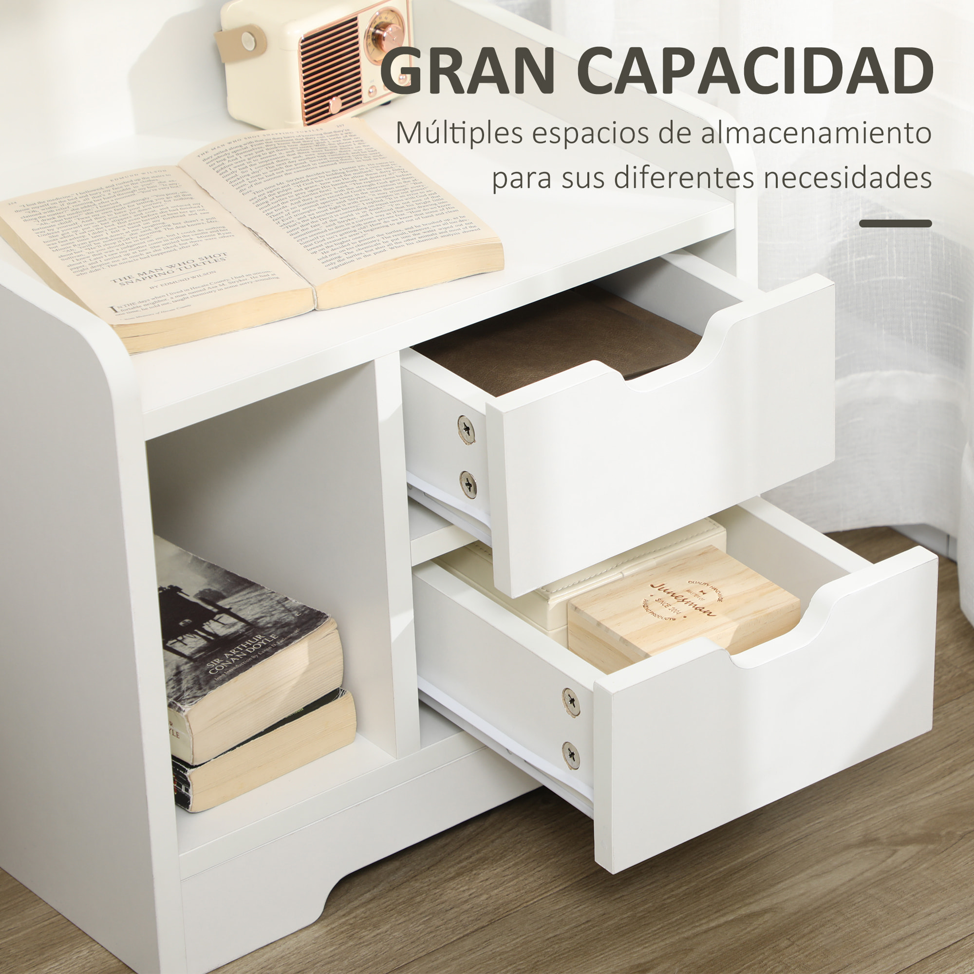 Mesita de Noche Moderna Mesilla de Noche con 2 Cajones y 3 Compartimientos de Almacenajes para Salón Dormitorio Carga 30 kg 40x30x60 cm Blanco