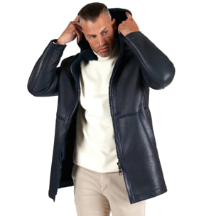 Cappotto montone blu Shearling uomo cappuccio staccabile