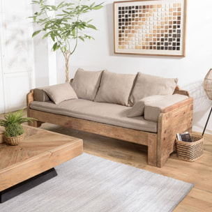 ANDRIAN - Canapé-lit bois Pin recyclé 3 places avec coussins