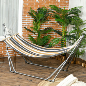 Hamac de jardin pliable avec support acier époxy et toile coton lin marron noir gris blanc